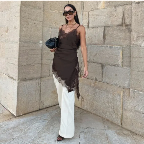 ZARA ASYMMETRIC LACE DRESS Brown Chocolate - Picture 6 of 16